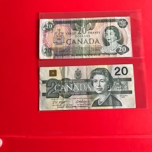 Vintage Old $20 Canadian Bill 2 Pieces 1979-1991